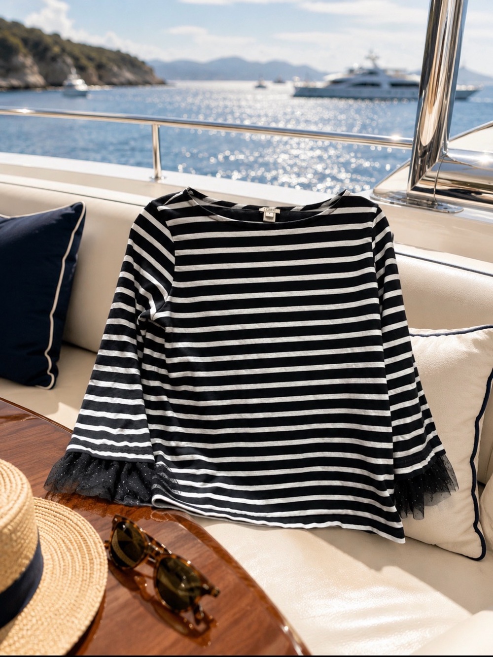 J. Crew Black and White Striped cotton Top with Tulle accents size small